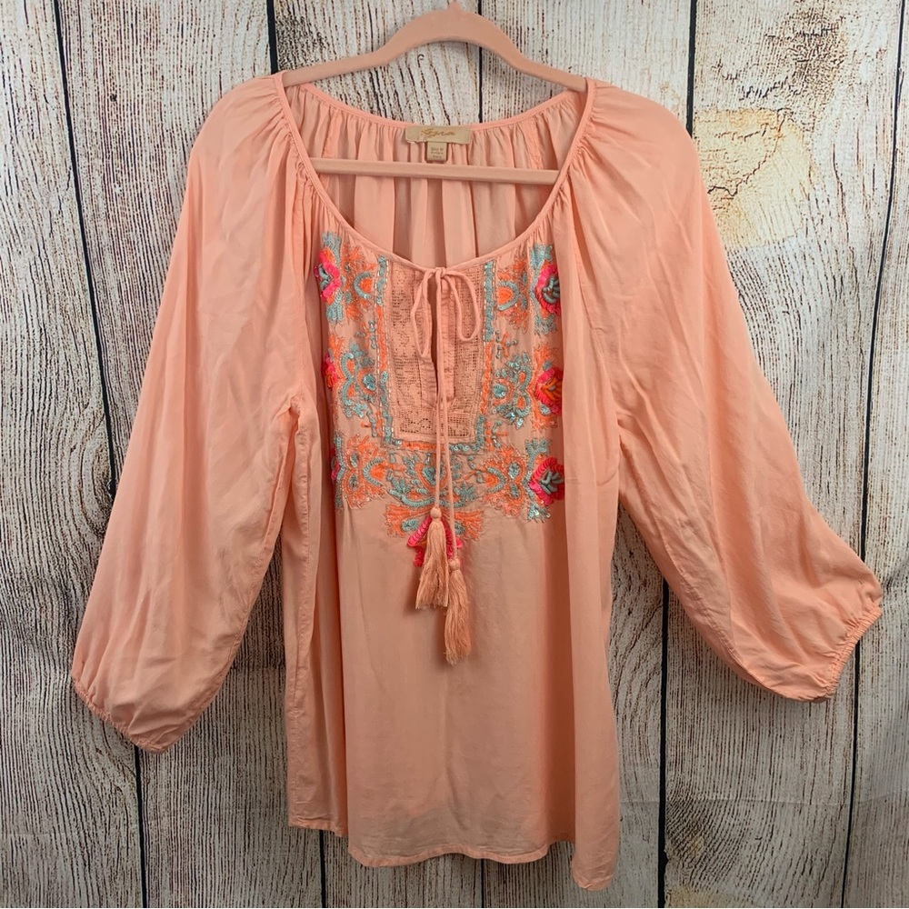 Kyra Anthropologie Peasant Embroidered Sequin Top Blouse Pullover Viscose M